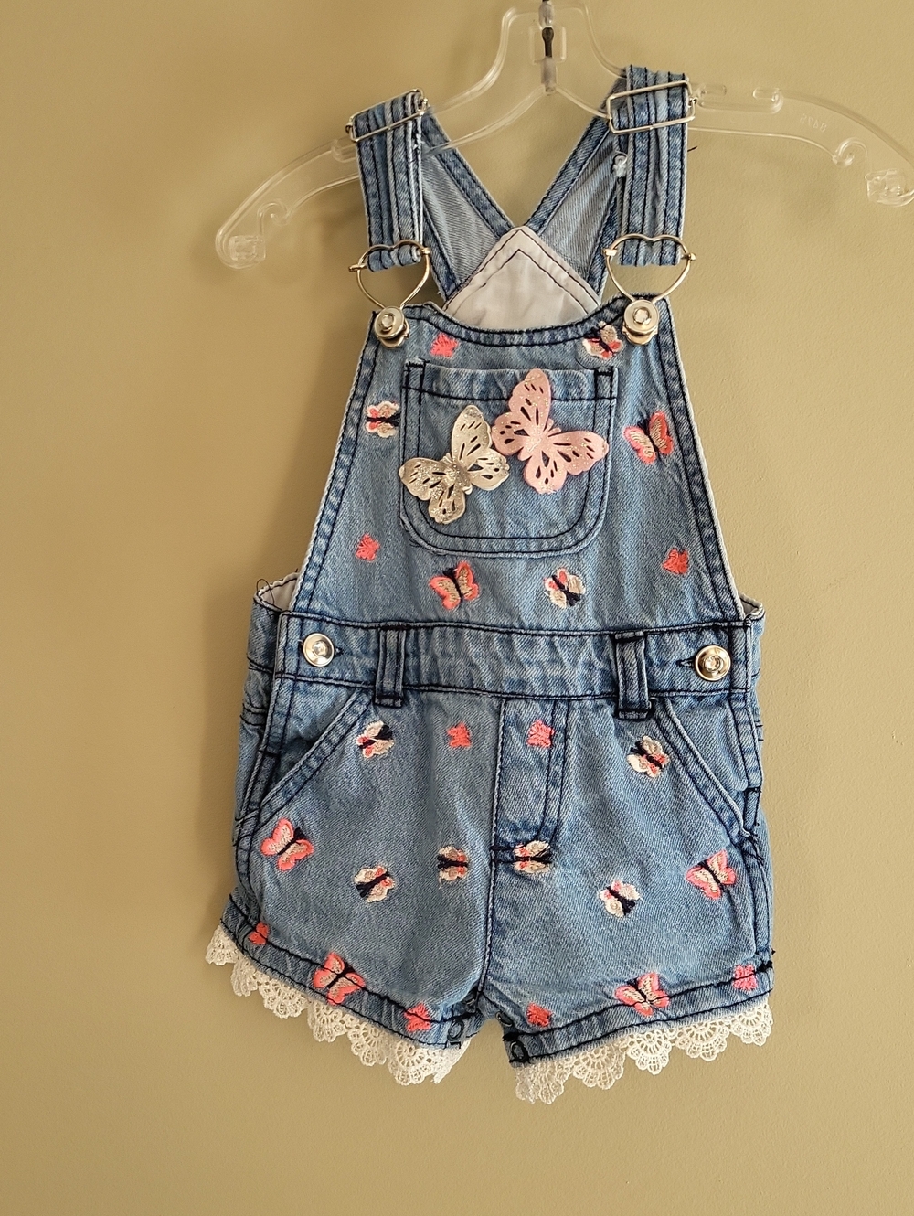 Super cute denim embrodiered butterfly shortalls